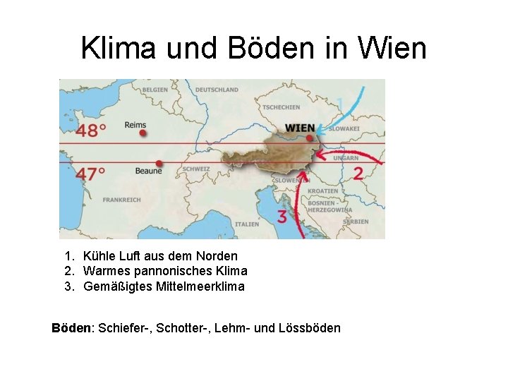 Klima und Böden in Wien 1. Kühle Luft aus dem Norden 2. Warmes pannonisches