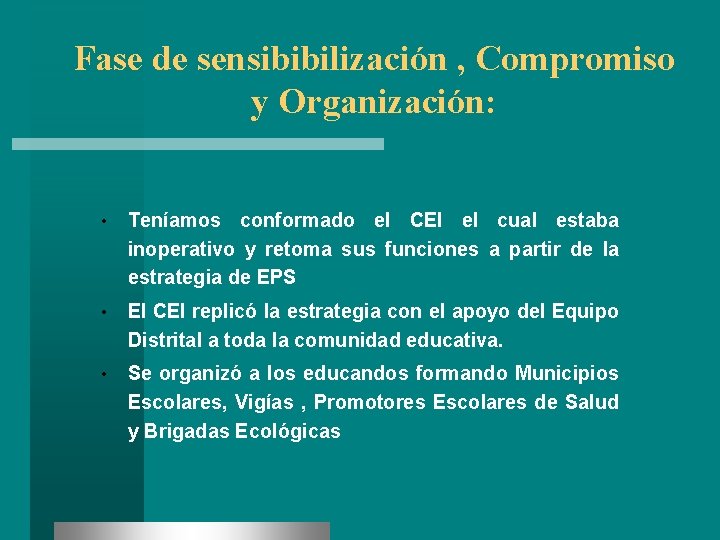 Fase de sensibibilización , Compromiso y Organización: • Teníamos conformado el CEI el cual
