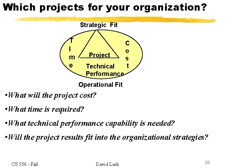 Which projects for your organization? Strategic Fit T I m e Project Technical Performance