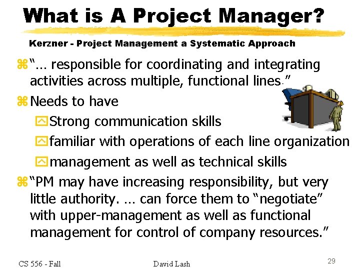 What is A Project Manager? Kerzner - Project Management a Systematic Approach z “…