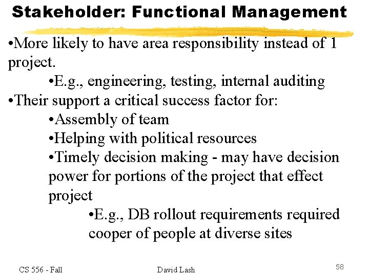 Stakeholder: Functional Management • More likely to have area responsibility instead of 1 project.