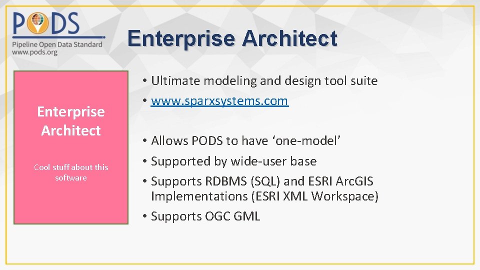 Enterprise Architect Logical Model Enterprise Geographic Mark-up Architect Language (GML) Standard Provides a framework