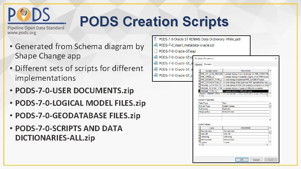 PODS Creation Scripts • Generated from Schema diagram by Shape Change app • Different