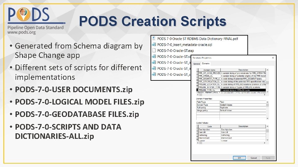 PODS Creation Scripts • Generated from Schema diagram by Shape Change app • Different