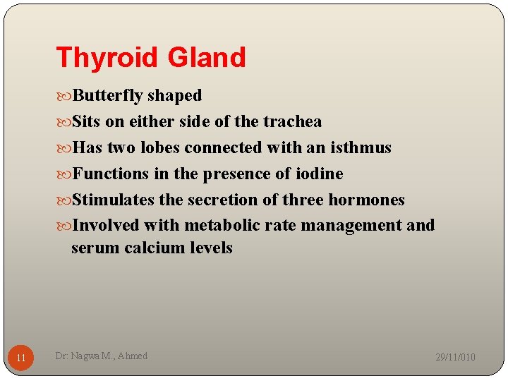 Thyroid Gland Butterfly shaped Sits on either side of the trachea Has two lobes