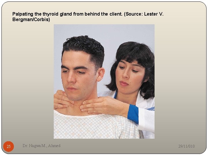 Palpating the thyroid gland from behind the client. (Source: Lester V. Bergman/Corbis) 25 Dr: