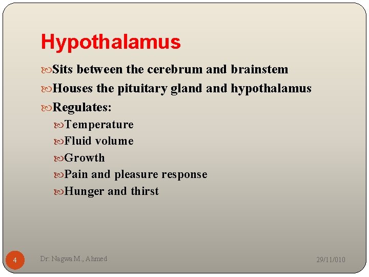 Hypothalamus Sits between the cerebrum and brainstem Houses the pituitary gland hypothalamus Regulates: Temperature