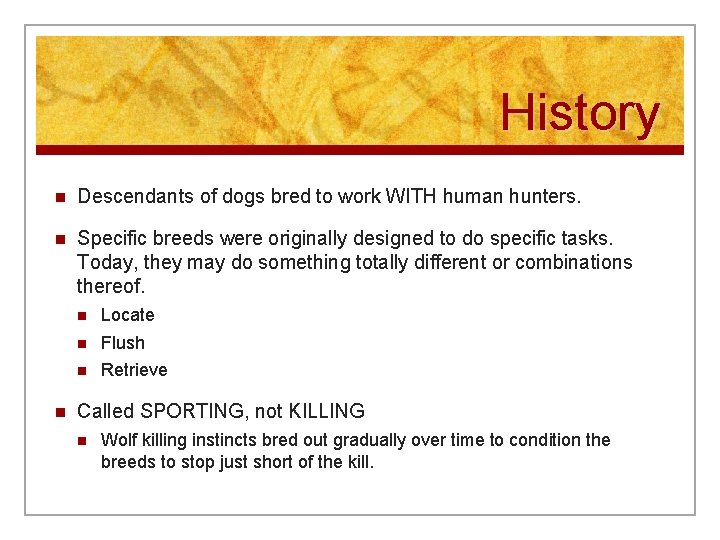 History n Descendants of dogs bred to work WITH human hunters. n Specific breeds