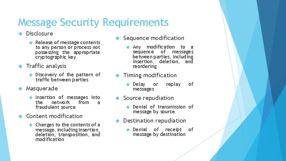 Message Security Requirements Disclosure Sequence modification Discovery of the pattern of traffic between parties