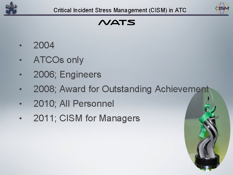 Critical Incident Stress Management (CISM) in ATC • 2004 • ATCOs only • 2006;