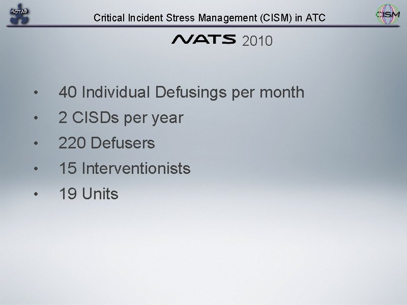 Critical Incident Stress Management (CISM) in ATC 2010 • 40 Individual Defusings per month