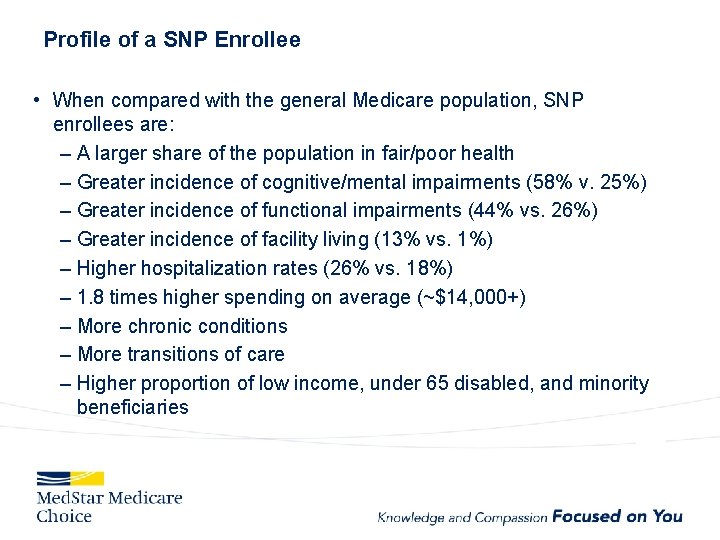 Profile of a SNP Enrollee • When compared with the general Medicare population, SNP