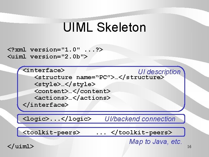 UIML Skeleton <? xml version="1. 0". . . ? > <uiml version="2. 0 b">