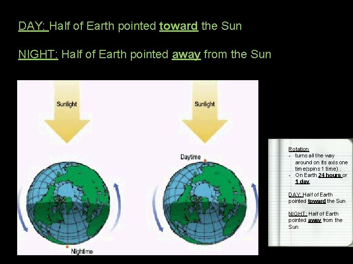 DAY: Half of Earth pointed toward the Sun NIGHT: Half of Earth pointed away