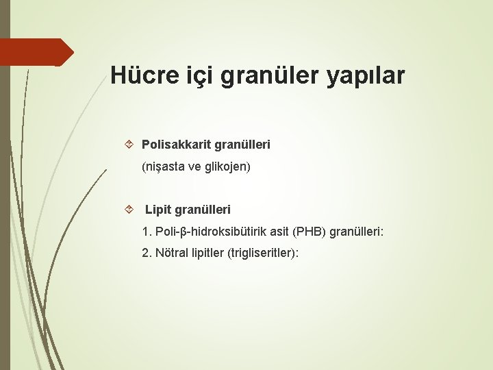 Hücre içi granüler yapılar Polisakkarit granülleri (nişasta ve glikojen) Lipit granülleri 1. Poli-β-hidroksibütirik asit