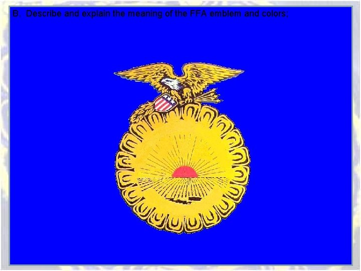 B. Describe and explain the meaning of the FFA emblem and colors; B. Describe and explain the meaning of the FFA emblem and colors;