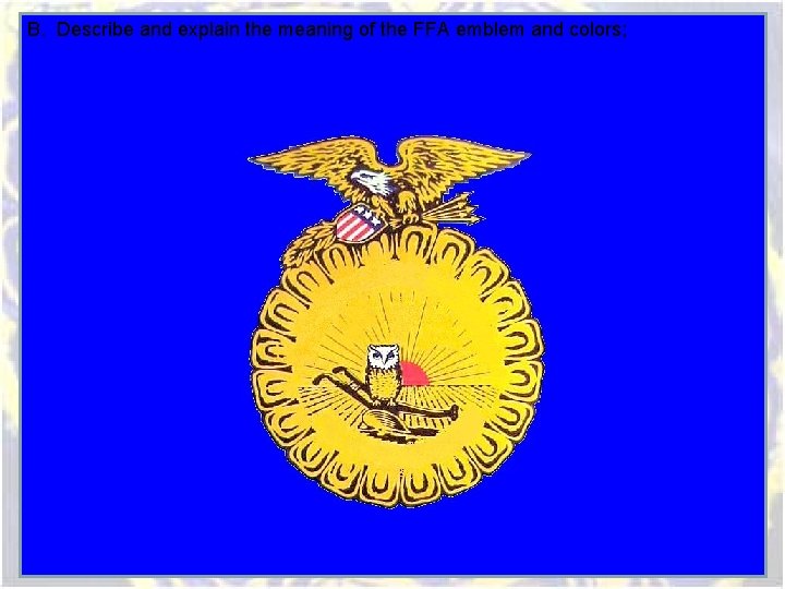 B. Describe and explain the meaning of the FFA emblem and colors; B. Describe and explain the meaning of the FFA emblem and colors;