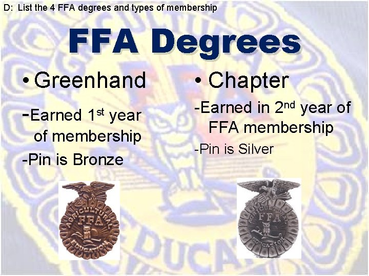 D: List the 4 FFA degrees and types of membership FFA Degrees • Greenhand D: List the 4 FFA degrees and types of membership FFA Degrees • Greenhand