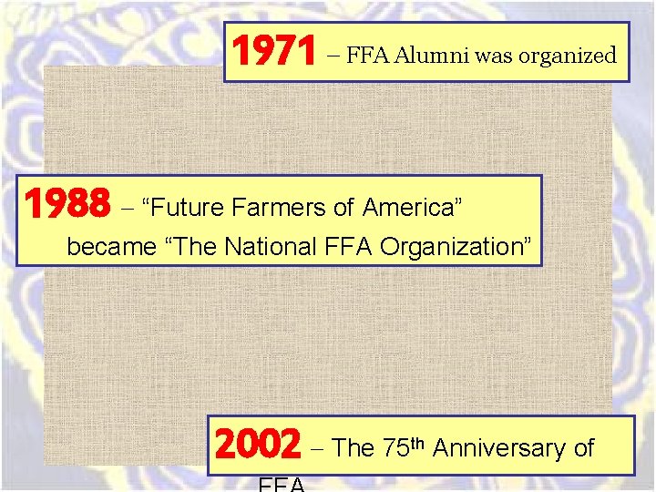 1971 – FFA Alumni was organized 1988 – “Future Farmers of America” became “The 1971 – FFA Alumni was organized 1988 – “Future Farmers of America” became “The