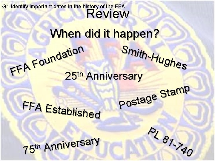G: Identify important dates in the history of the FFA Review When did it G: Identify important dates in the history of the FFA Review When did it