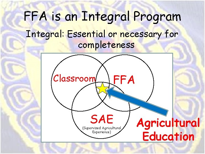 FFA is an Integral Program Integral: Essential or necessary for completeness Classroom FFA SAE FFA is an Integral Program Integral: Essential or necessary for completeness Classroom FFA SAE