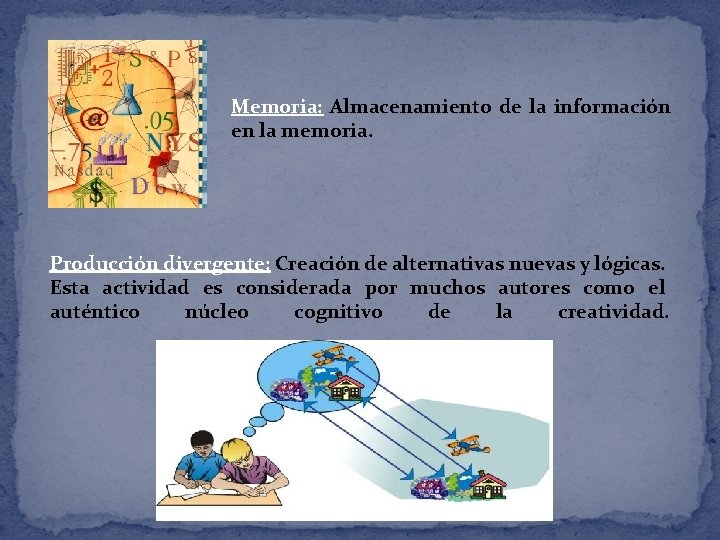 Memoria: Almacenamiento de la información en la memoria. Producción divergente: Creación de alternativas nuevas