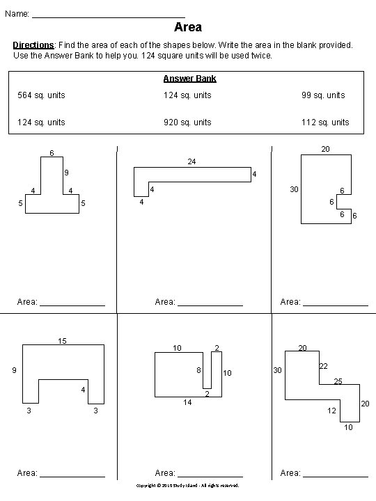 Name: _________________ Area Directions: Find the area of each of the shapes below. Write