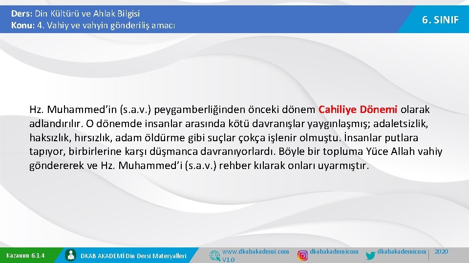 Ders: Din Kültürü ve Ahlak Bilgisi Konu: 4. Vahiy ve vahyin gönderiliş amacı 6.