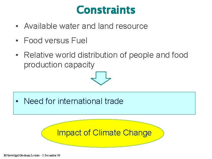 Constraints • Available water and land resource • Food versus Fuel • Relative world