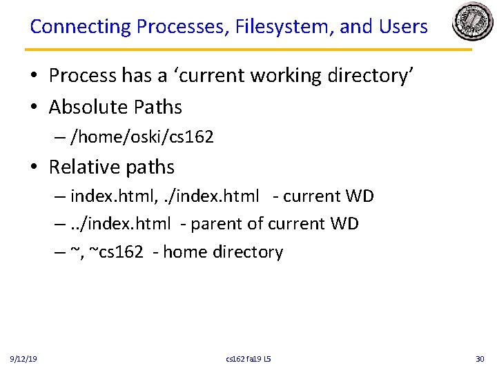 Connecting Processes, Filesystem, and Users • Process has a ‘current working directory’ • Absolute