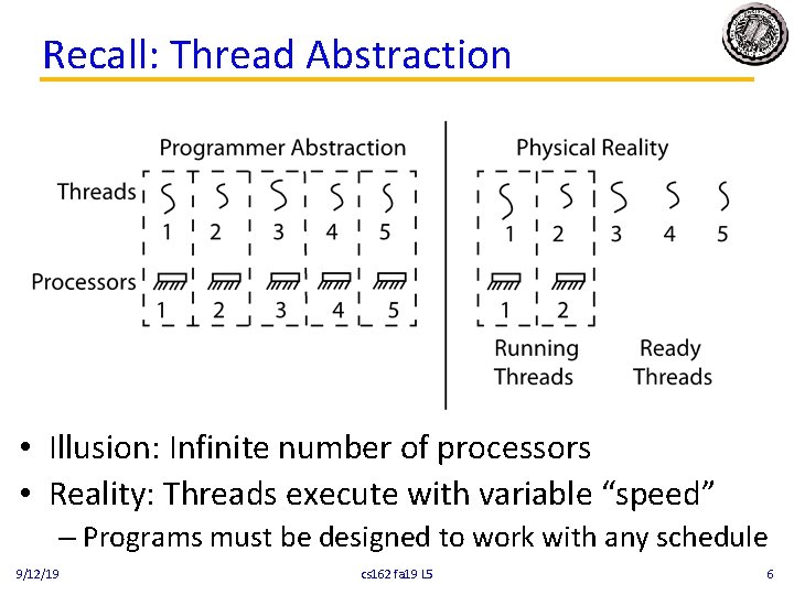 Recall: Thread Abstraction • Illusion: Infinite number of processors • Reality: Threads execute with