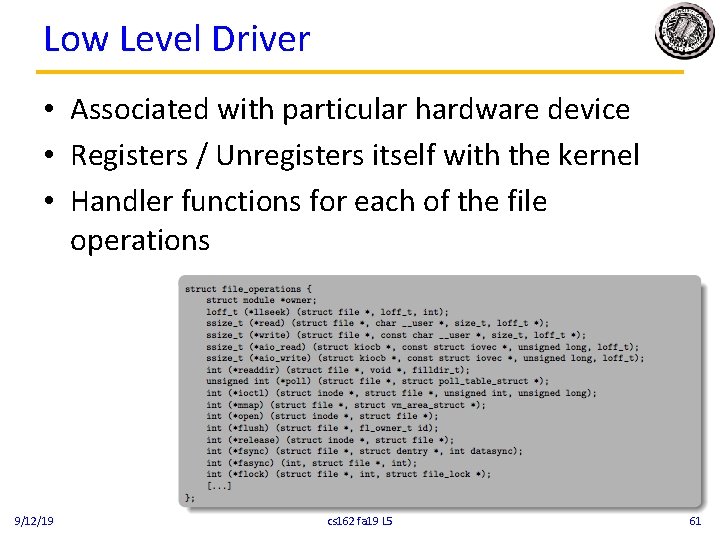 Low Level Driver • Associated with particular hardware device • Registers / Unregisters itself