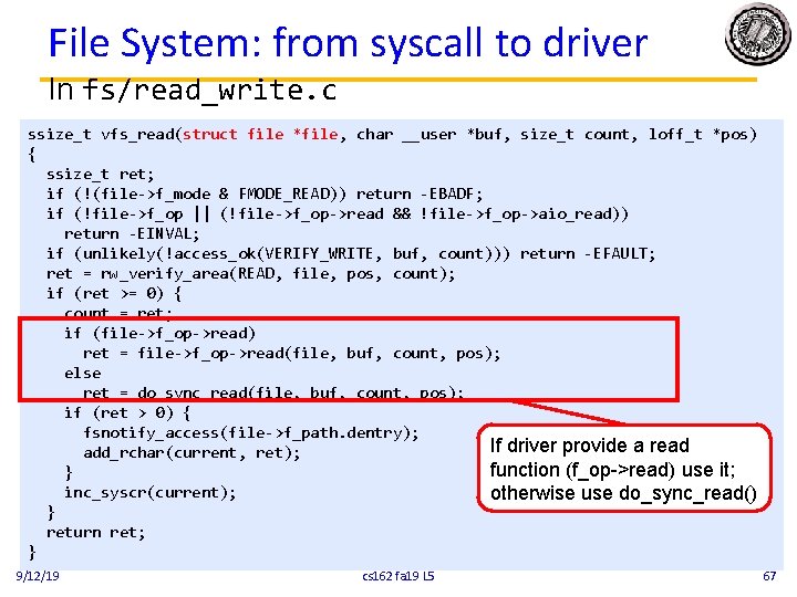 File System: from syscall to driver In fs/read_write. c ssize_t vfs_read(struct file *file, char