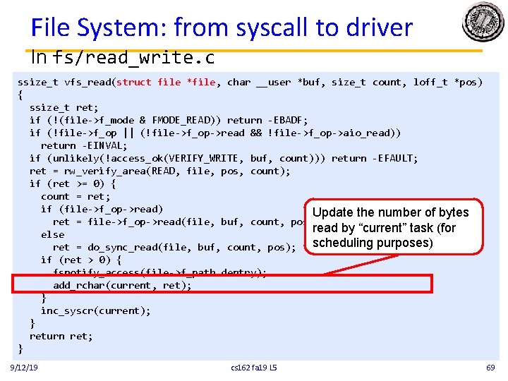 File System: from syscall to driver In fs/read_write. c ssize_t vfs_read(struct file *file, char