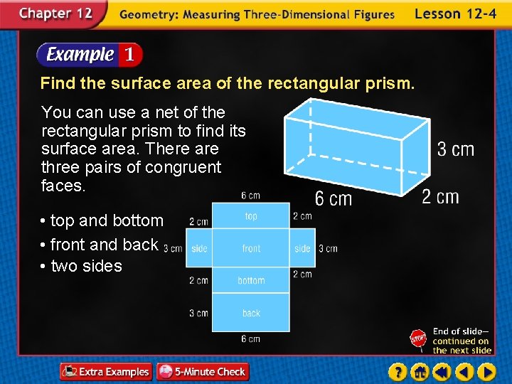 Find the surface area of the rectangular prism. You can use a net of