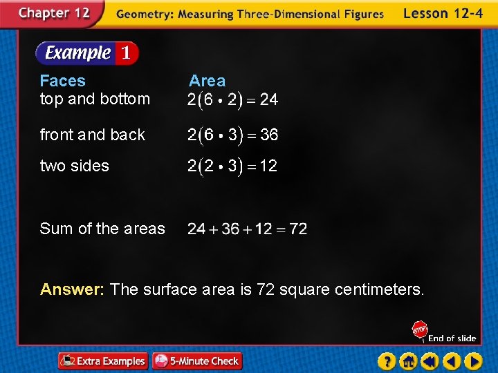 Faces top and bottom Area front and back two sides Sum of the areas
