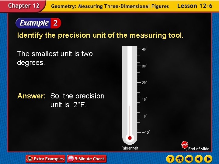 Identify the precision unit of the measuring tool. The smallest unit is two degrees.