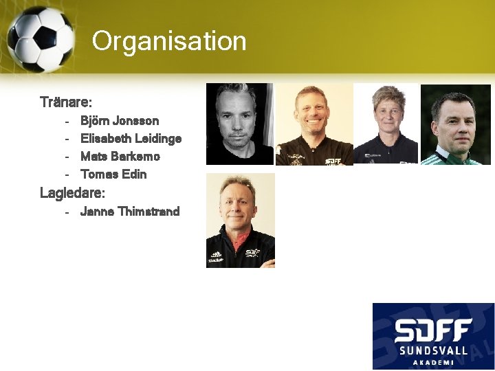 Organisation Tränare: – – Björn Jonsson Elisabeth Leidinge Mats Barkemo Tomas Edin Lagledare: –