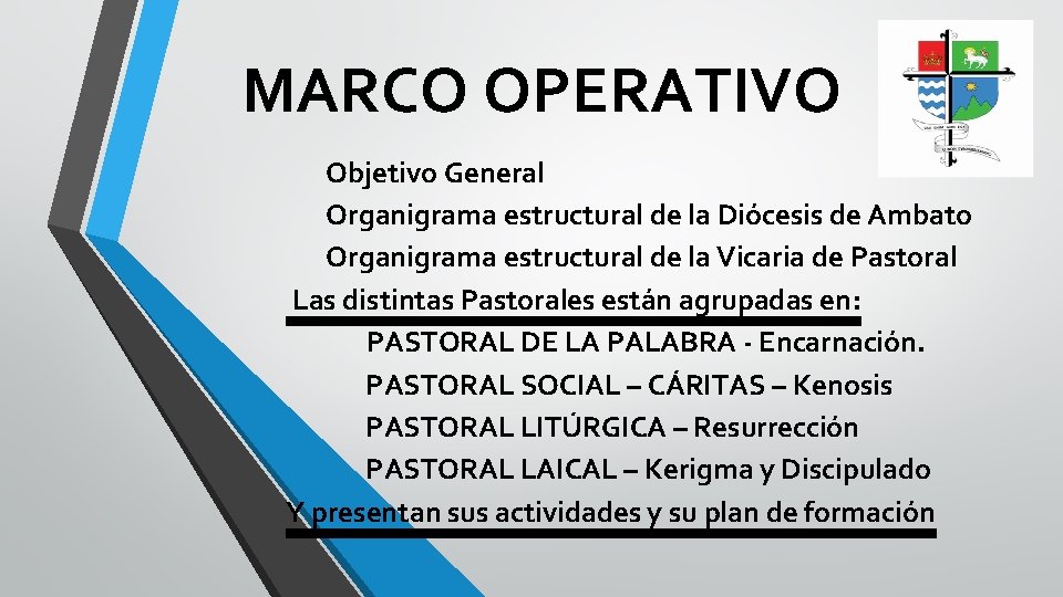 MARCO OPERATIVO Objetivo General Organigrama estructural de la Diócesis de Ambato Organigrama estructural de