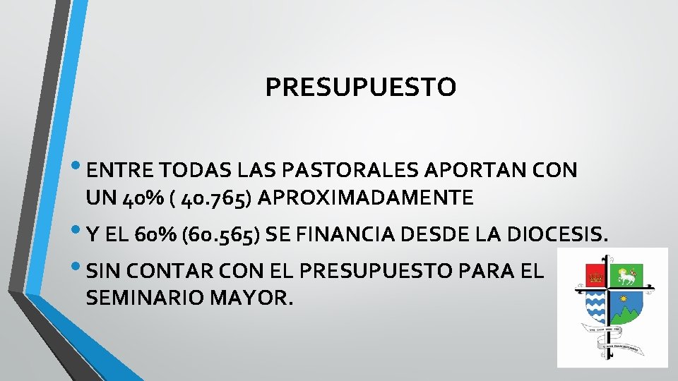 PRESUPUESTO • ENTRE TODAS LAS PASTORALES APORTAN CON UN 40% ( 40. 765) APROXIMADAMENTE