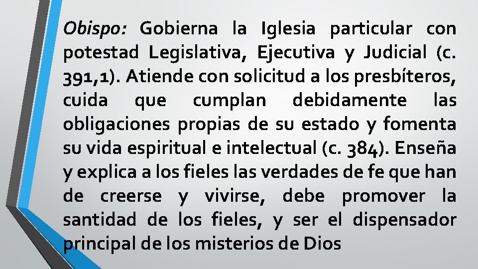 Obispo: Gobierna la Iglesia particular con potestad Legislativa, Ejecutiva y Judicial (c. 391, 1).