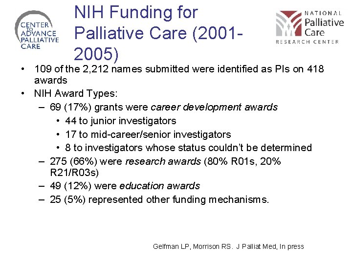 NIH Funding for Palliative Care (20012005) • 109 of the 2, 212 names submitted