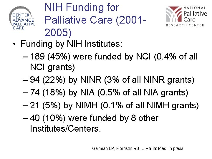 NIH Funding for Palliative Care (20012005) • Funding by NIH Institutes: – 189 (45%)