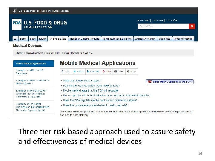 Three tier risk-based approach used to assure safety and effectiveness of medical devices 16 Three tier risk-based approach used to assure safety and effectiveness of medical devices 16