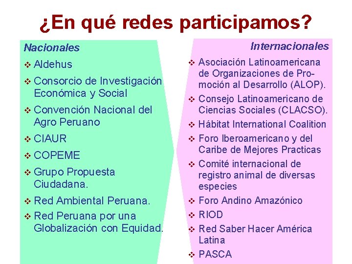 ¿En qué redes participamos? Internacionales Nacionales v Aldehus de Investigación Económica y Social v