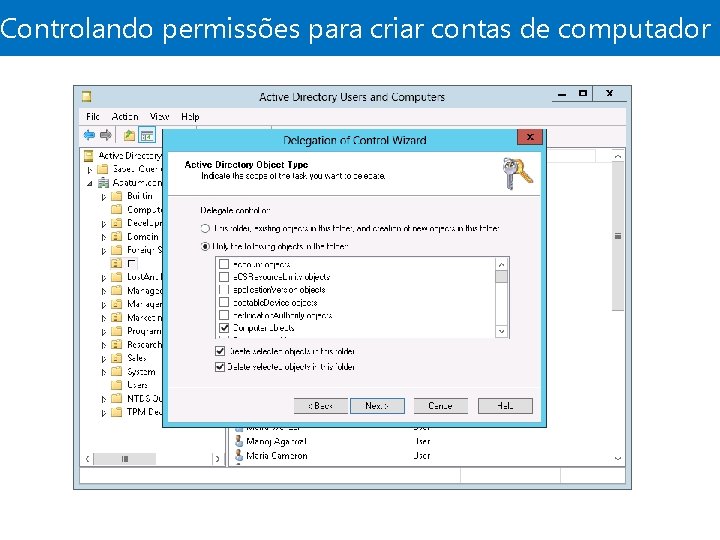 Controlando permissões para criar contas de computador 
