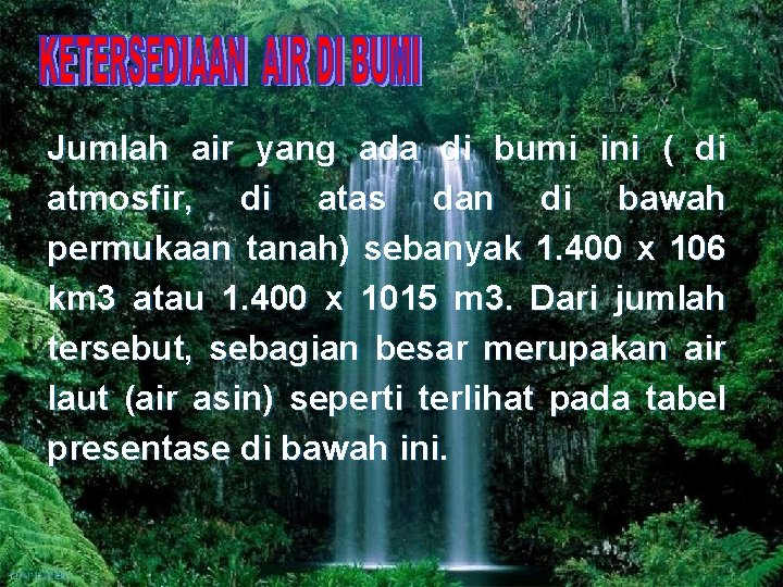 Jumlah air yang ada di bumi ini ( di atmosfir, di atas dan di