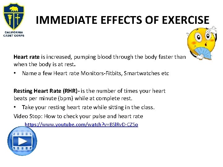 IMMEDIATE EFFECTS OF EXERCISE Heart rate is increased, pumping blood through the body faster IMMEDIATE EFFECTS OF EXERCISE Heart rate is increased, pumping blood through the body faster