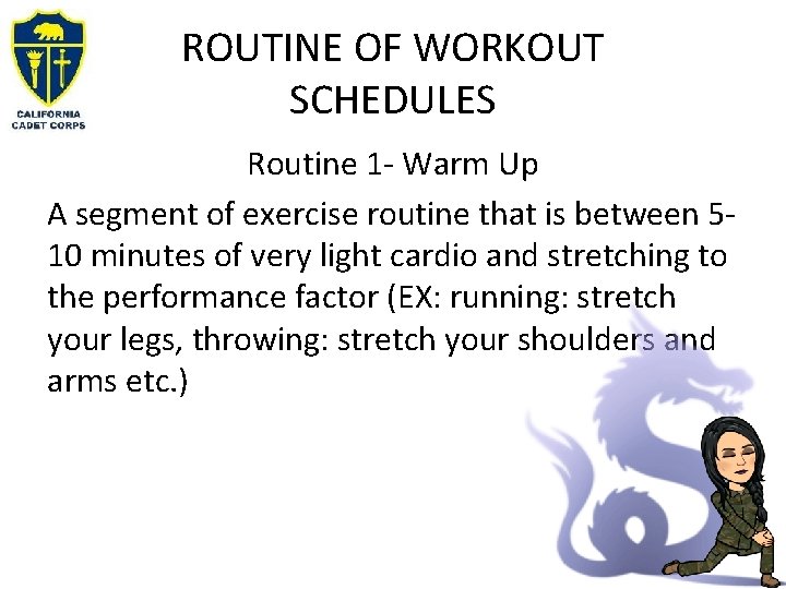 ROUTINE OF WORKOUT SCHEDULES Routine 1 - Warm Up A segment of exercise routine ROUTINE OF WORKOUT SCHEDULES Routine 1 - Warm Up A segment of exercise routine