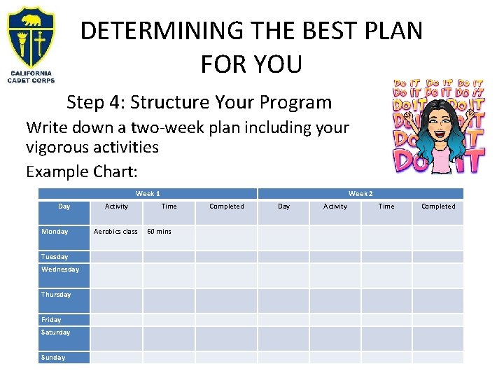 DETERMINING THE BEST PLAN FOR YOU Step 4: Structure Your Program Write down a DETERMINING THE BEST PLAN FOR YOU Step 4: Structure Your Program Write down a